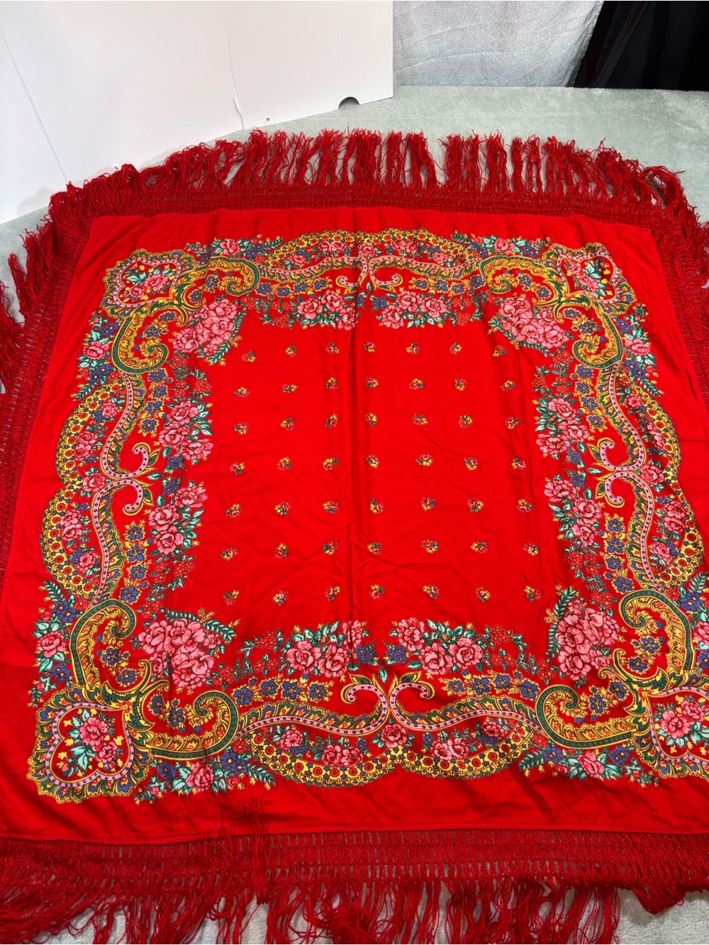 Vintage Meadela Portuguese Folk Scarf Red Floral Tassel Shawl - Made in Portugal